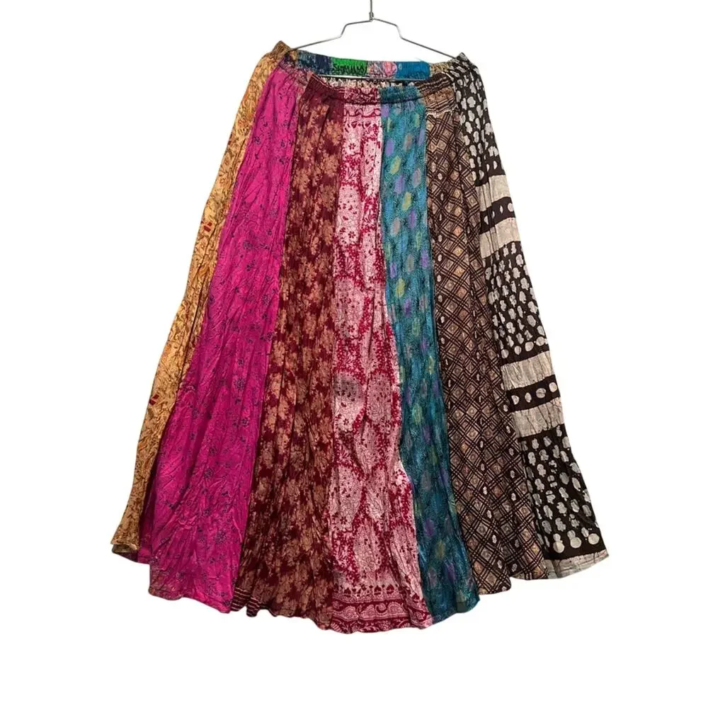 Vintage Artisan Patchwork Sari Silk Boho Maxi Skirt OS Elastic Waist Festival